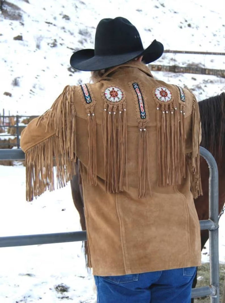 Men Brown Suede Vintage Traditional Western Cowboy Leather Jacket Braided Fringe Hand Made Country Side Red Indian Western Wear - LEATHER CHAPTER