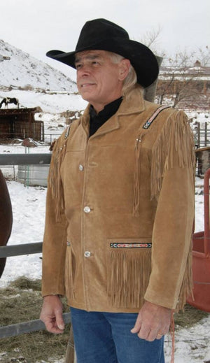 Men Brown Suede Vintage Traditional Western Cowboy Leather Jacket Braided Fringe Hand Made Country Side Red Indian Western Wear - LEATHER CHAPTER