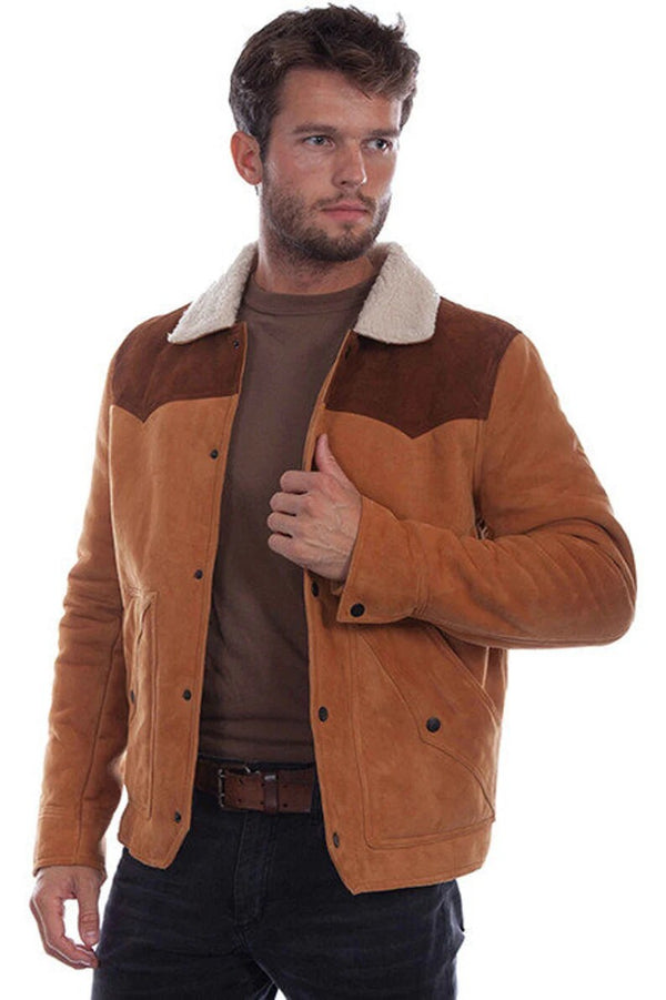Men's Western Jean Jacket - Aztec Trim Suede Jacket - Brown Rode Country Side Cowboy Leather Jacket Country Side Style - LEATHER CHAPTER