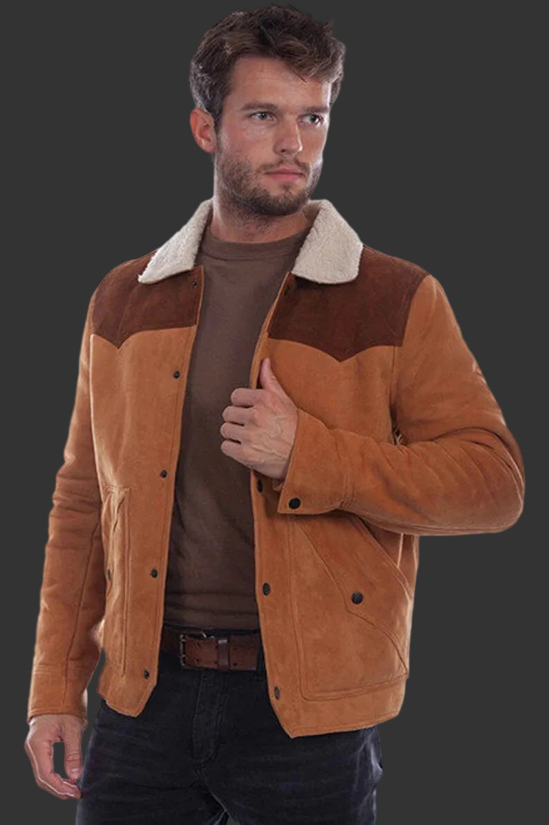 Men's Western Jean Jacket - Aztec Trim Suede Jacket - Brown Rode Country Side Cowboy Leather Jacket Country Side Style - LEATHER CHAPTER