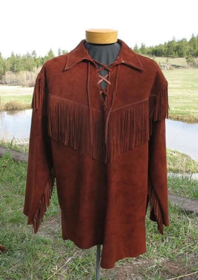 New Men Handmade Native American Mountain Man Buckskin Leather War Shirt Brown Western - LEATHER CHAPTER