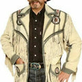 Men American Native Western Cowboy Real Leather Jacket Fringed & Beaded White Beige Leather Western Jacket Coat Country Side - LEATHER CHAPTER