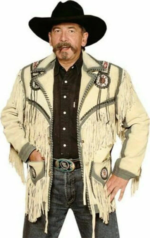 Men American Native Western Cowboy Real Leather Jacket Fringed & Beaded White Beige Leather Western Jacket Coat Country Side - LEATHER CHAPTER