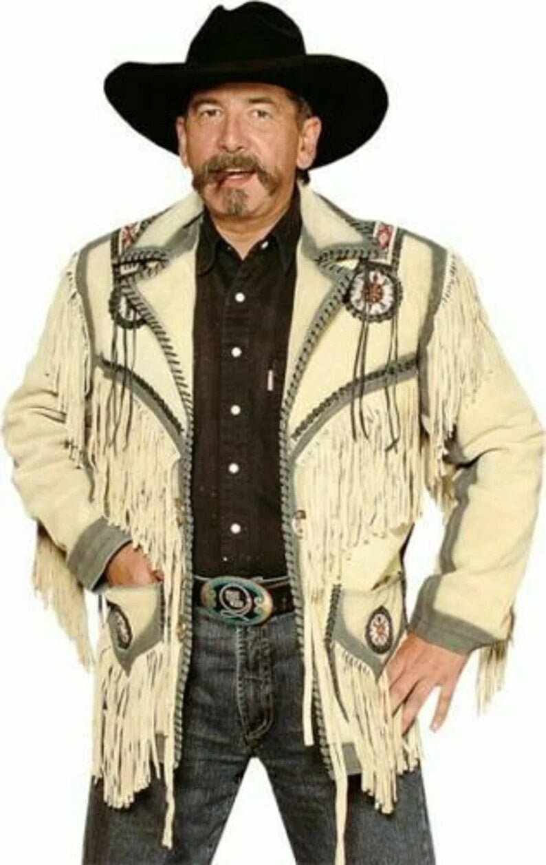 Men American Native Western Cowboy Real Leather Jacket Fringed & Beaded White Beige Leather Western Jacket Coat Country Side - LEATHER CHAPTER