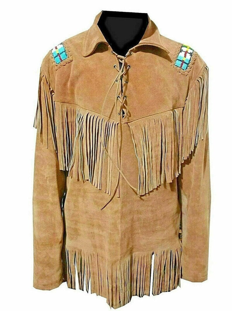 Men Brown Suede Vintage Traditional Western Cowboy Leather Jacket Lases Style Fringe Hand Made Country Side Red Indian Western Wear - LEATHER CHAPTER