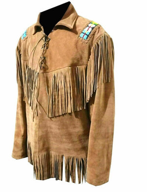 Men Brown Suede Vintage Traditional Western Cowboy Leather Jacket With Fringe Hand Made Country Side Red Indian Western Wear - LEATHER CHAPTER