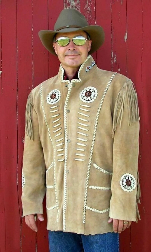 Leather jacket Men Traditional Native Beige Brown Classic Suede Leather Western Jacket Braided Fringes Country Side Red Indian Western Wear - LEATHER CHAPTER
