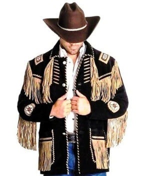 Leather jacket Men's Traditional Native Black & Brown Classic Suede Leather Jacket Braided Fringes Country Side Red Indian Western Wear - LEATHER CHAPTER