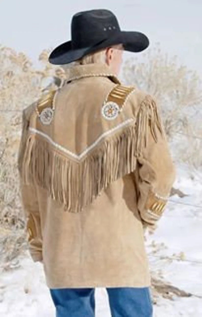 Men Brown Suede Vintage Traditional Western Cowboy Leather Jacket With Fringe Hand Made Country Side Red Indian Western Wear Coat For Men - LEATHER CHAPTER