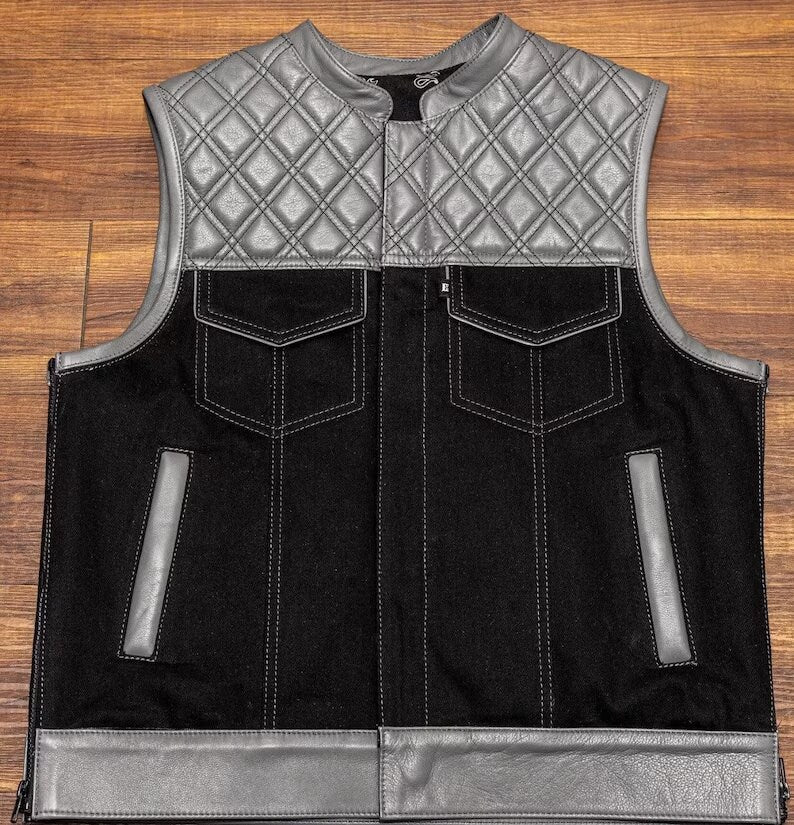 Leather Vest Diamond Quilted Grey Leather Vest Denim Vest Leather Men Vest Biker vest Motorcycle Vest Men Motorcycle Gifts For Men - LEATHER CHAPTER
