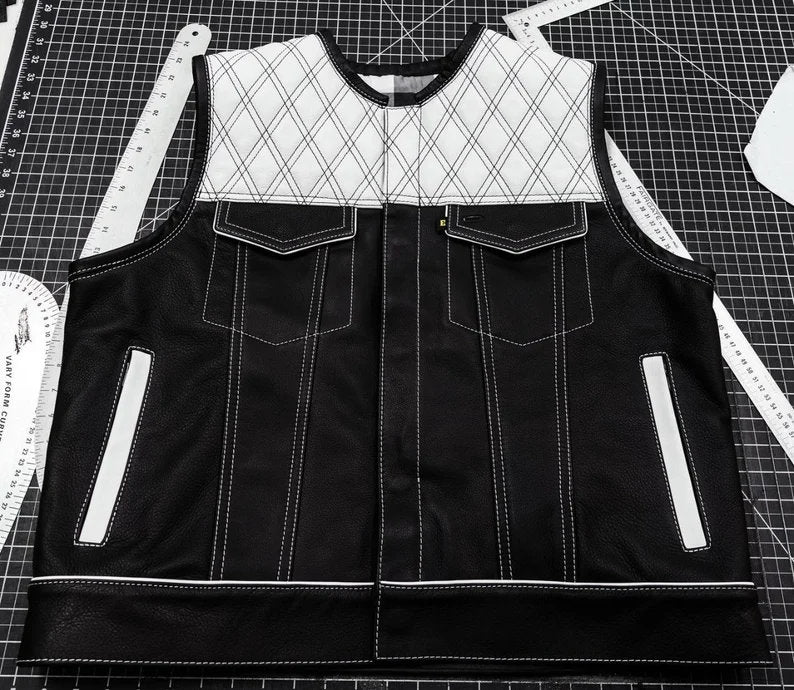 Leather Vest Diamond Quilted White Leather Vest Black Denim Vest Leather Men Vest Biker vest Motorcycle Vest Men Motorcycle Gifts For Men - LEATHER CHAPTER