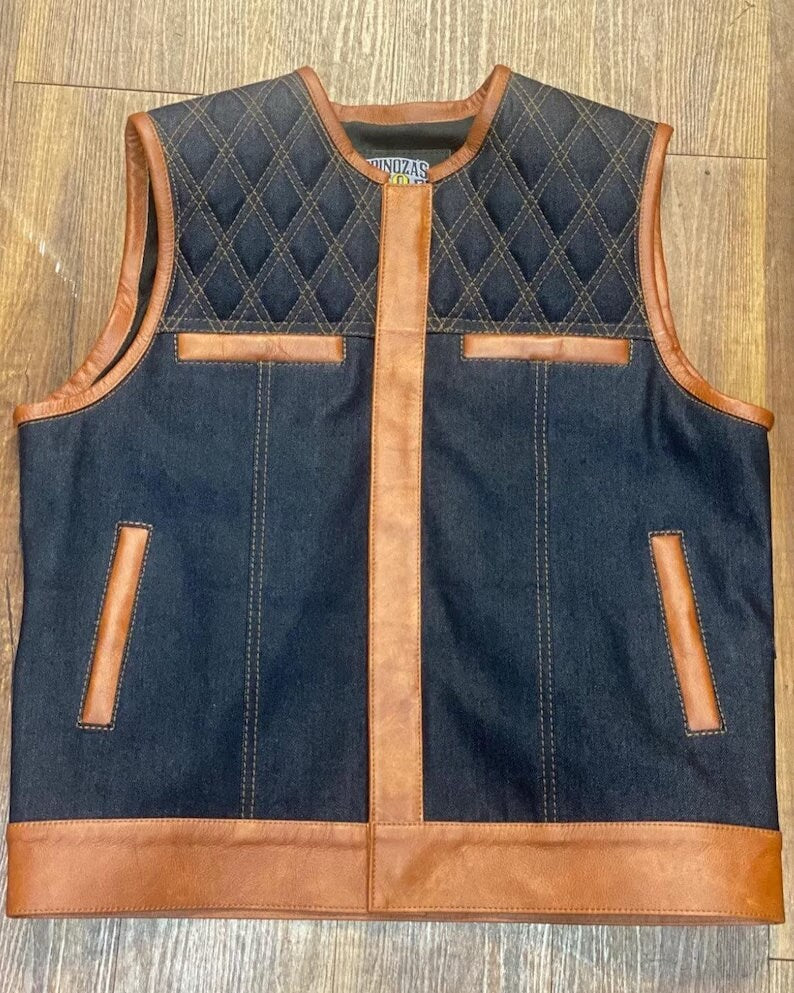 Leather Vest Diamond Quilted Tan Brown Leather Vest Blue Denim Vest Leather Men Vest Biker vest Motorcycle Vest Men Motorcycle Gifts For Men - LEATHER CHAPTER