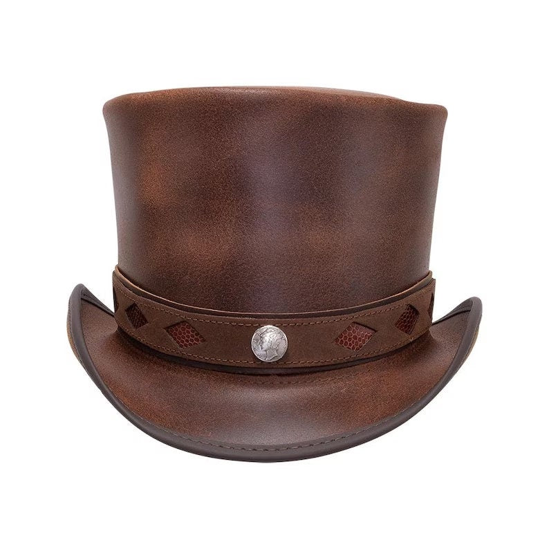 Top Hat Topper Top Diamond Inlay Brown Leather Steampunk Gothic Biker Motorcycle Rider Hat Halloween Hat Brown Top Hat - LEATHER CHAPTER