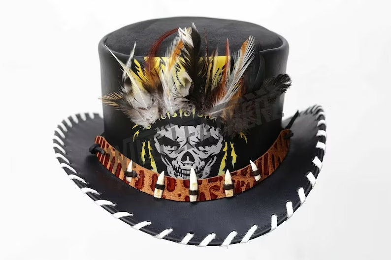 Top Hat Red Indian Chief Feather Braided Brim Teeth Band Leather Top Hat Native Western Hat Gothic Hat Steampunk Hat Halloween Gifts - LEATHER CHAPTER