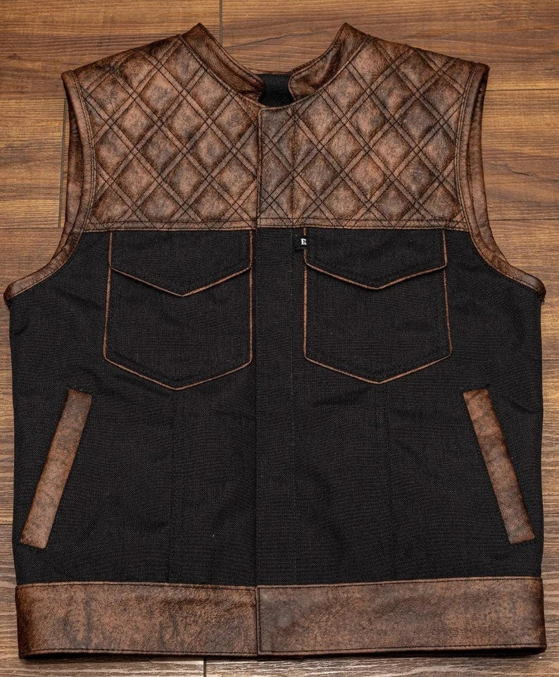 Leather Vest Diamond Quilted Distress Brown Classic Vest Denim Vest Leather Men Vest Biker vest Motorcycle Vest Men Waistcoat - LEATHER CHAPTER