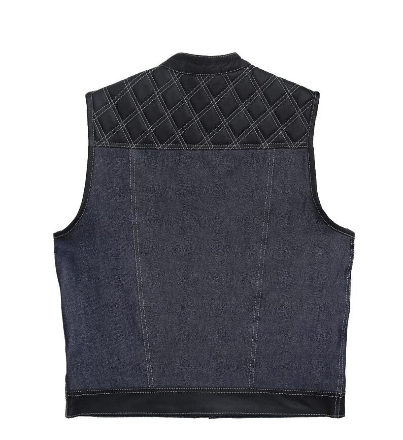 Hand Made Blue Denim & Leather Diamond Quilted Style Thunder Biker Motorcycle Rider MC Club Vest - LEATHER CHAPTER