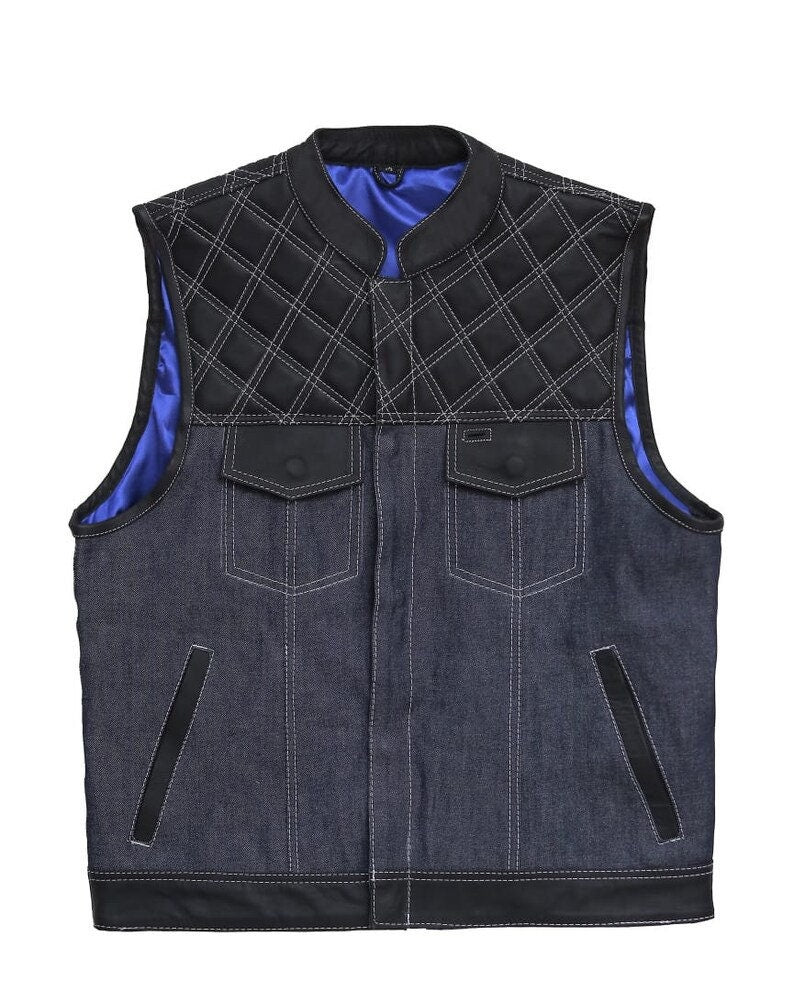Hand Made Blue Denim & Leather Diamond Quilted Style Thunder Biker Motorcycle Rider MC Club Vest - LEATHER CHAPTER