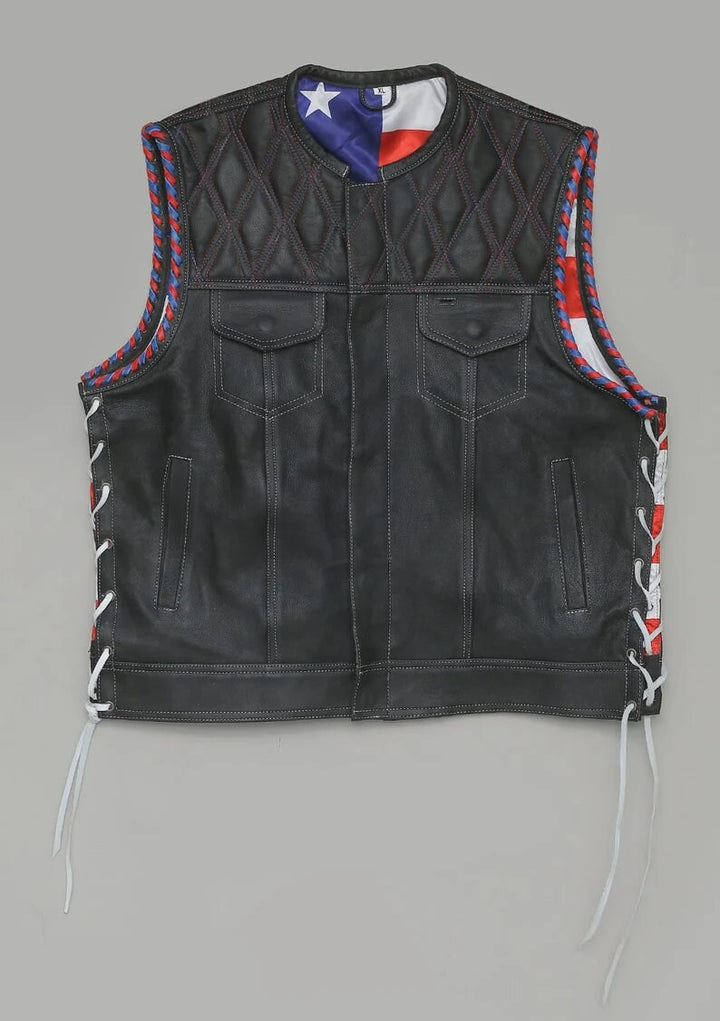 Hand Made USA Captian America Side lases Diamond Quilted leather Biker Motorcycle Rider MC Men Vest - LEATHER CHAPTER