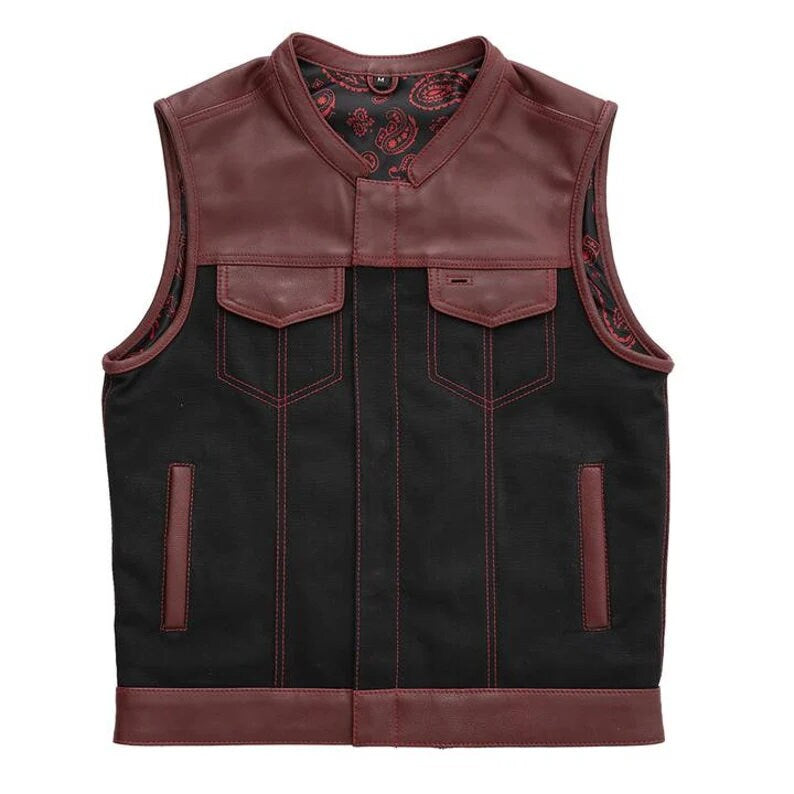 Leather Vest ,Mens Hunt Club OX Blood Black Paisley Leather Build Denim Style Rider Motorcycle Biker Vest,Denim Vest - LEATHER CHAPTER