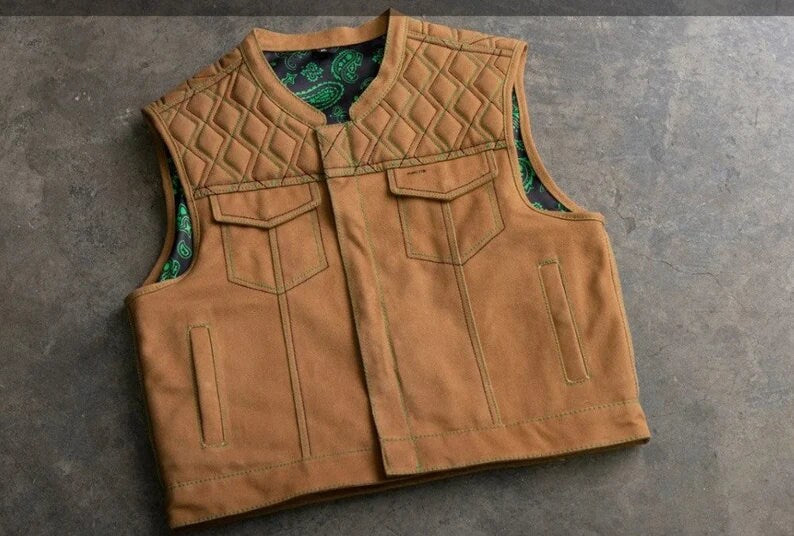 Leather Vest Tan Brown Canvas Vest Denim Vest Denim Men Vest Biker vest Motorcycle Vest Men Motorcycle Gifts For Men - LEATHER CHAPTER