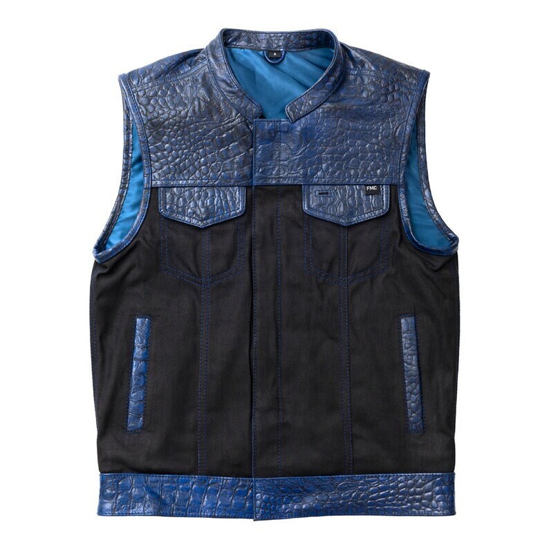 Leather Vest ,Crockodile Plated Leather blue Wax Motorcycle Mens Vest Denim Vest Black Vest - LEATHER CHAPTER