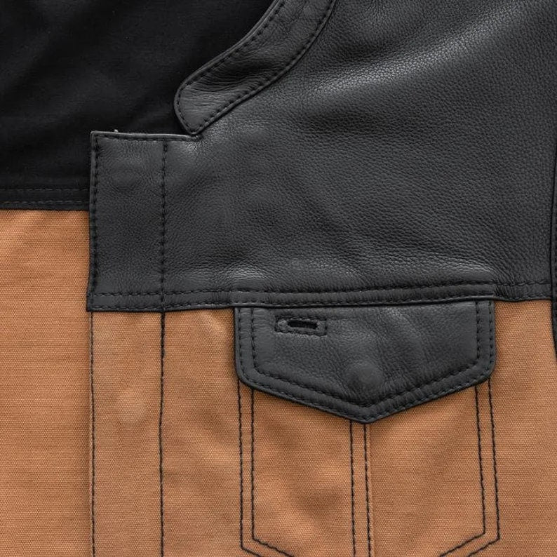 Mens Hunt Club Leather Builder Canvas Quilted Style Rider Motorcycle Biker Vest,Leather Vest - LEATHER CHAPTER