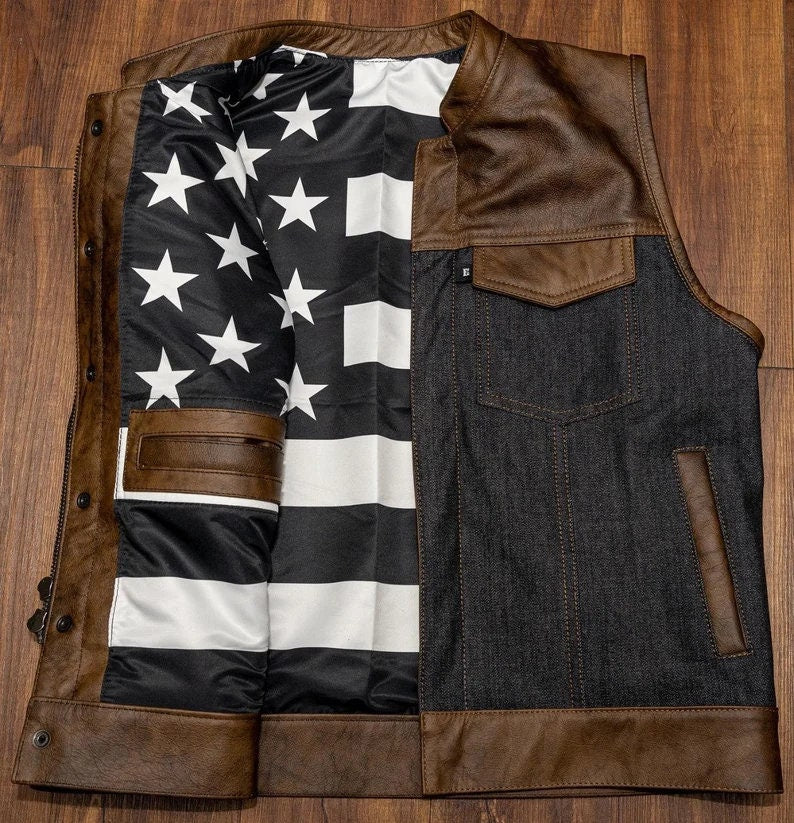 Leather Vest American Flag Distress Brown Classic Vest Denim Vest Leather Men Vest Biker vest Motorcycle Vest Men Waistcoat Biker Vest - LEATHER CHAPTER
