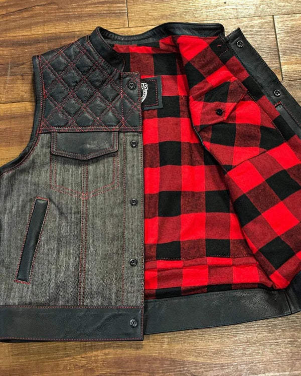 Leather Vest Diamond Quilted Flannel Black Leather Vest Classic Vest Denim Vest Leather Men Vest Biker vest Motorcycle Vest Men Waistcoat - LEATHER CHAPTER