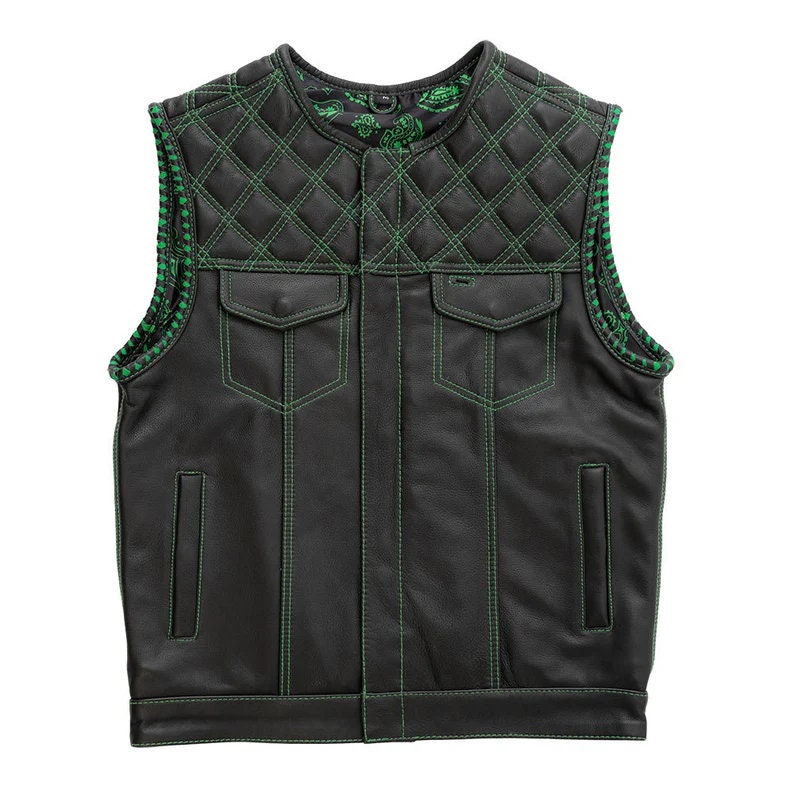 Leather Vest ,Mens  Green Diamond Quilted Black Paisley Leather Build Denim Style Rider Motorcycle Leather Vest,Mens Vest - LEATHER CHAPTER