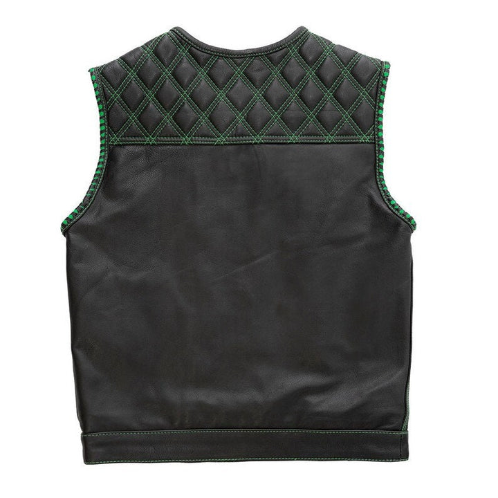 Leather Vest ,Mens  Green Diamond Quilted Black Paisley Leather Build Denim Style Rider Motorcycle Leather Vest,Mens Vest - LEATHER CHAPTER