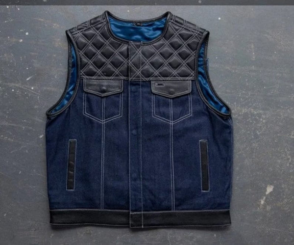 Mens Leather Denim Builder Diamond Quilted Motorcycle Biker Vest - LEATHER CHAPTER
