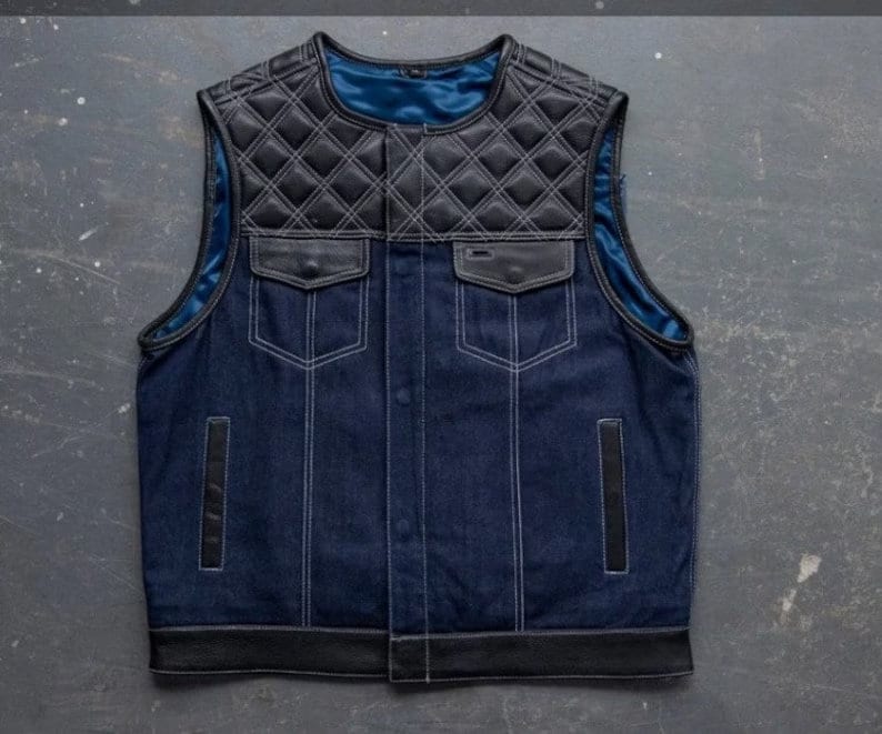 Mens Leather Denim Builder Diamond Quilted Motorcycle Biker Vest - LEATHER CHAPTER
