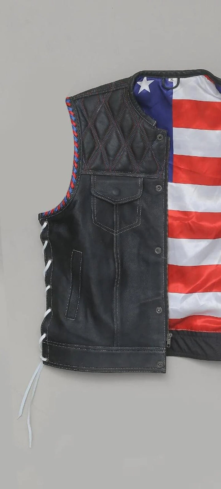 Hand Made USA Captian America Side lases Diamond Quilted leather Biker Motorcycle Rider MC Men Vest - LEATHER CHAPTER