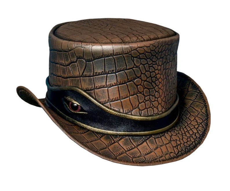Leather Top Hat - Crocodile Eye Band - Distressed Wax Crocodile Plated - Handmade with 100% Cowhide Leather - Gift for Him - New with Tags - LEATHER CHAPTER