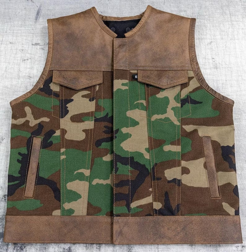 Leather Vest Hand Made Distress Brown Green Camo Waistcoat and Leather Son of Anarchy Club Biker Moto Vest Gifts For Men , Gifts For Him - LEATHER CHAPTER