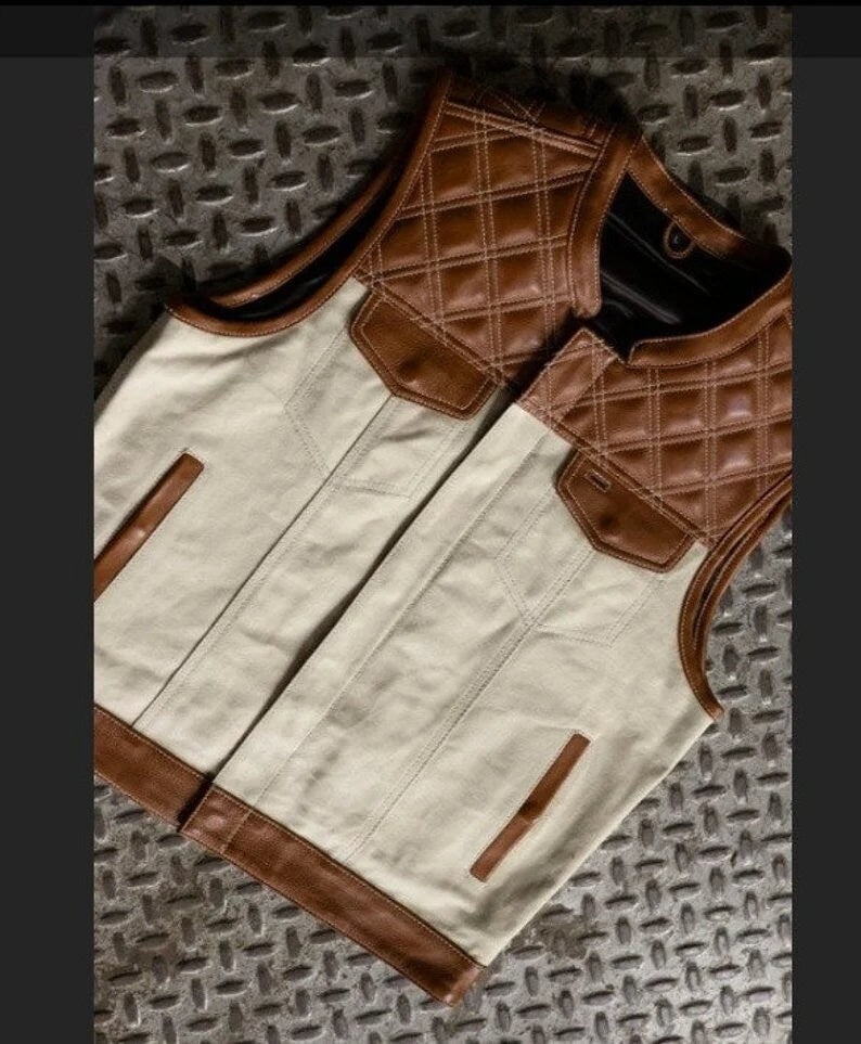 Leather Vest White & Brown Leather Vest Diamond Quilted Denim Vest Leather Men Vest Biker vest Motorcycle Vest Men Motorcycle Gifts For Men - LEATHER CHAPTER