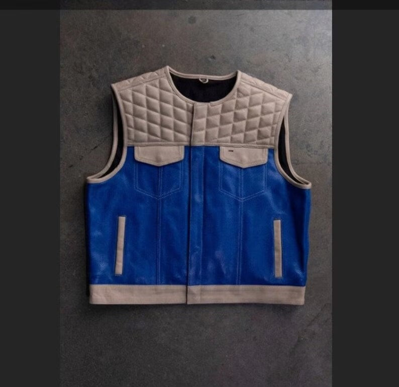 Leather Vest Blue & White Leather Vest Leather Men Vest Biker vest Motorcycle Vest Men Motorcycle Gifts For Men Braided Vest - LEATHER CHAPTER