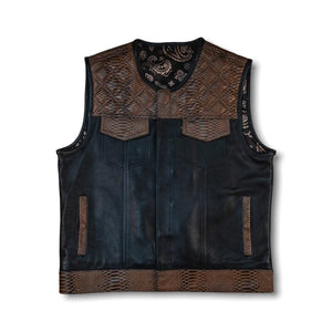 Leather Vest ,Mens Hunt Club Brown Wax Diamond Quilted Black Paisley Leather Build Denim Style Rider Motorcycle Leather Vest,Mens Vest - LEATHER CHAPTER