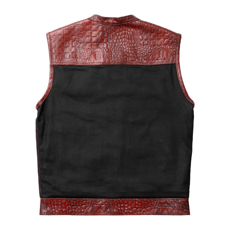 Leather Vest ,Crockodile Plated Leather Red Wax Motorcycle Mens Vest Denim Vest Black Vest - LEATHER CHAPTER