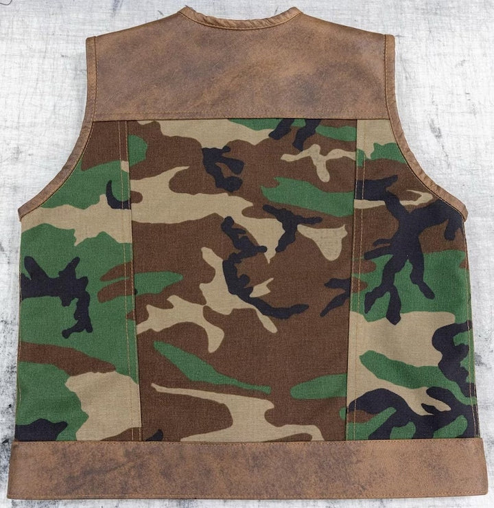 Leather Vest Hand Made Distress Brown Green Camo Waistcoat and Leather Son of Anarchy Club Biker Moto Vest Gifts For Men , Gifts For Him - LEATHER CHAPTER