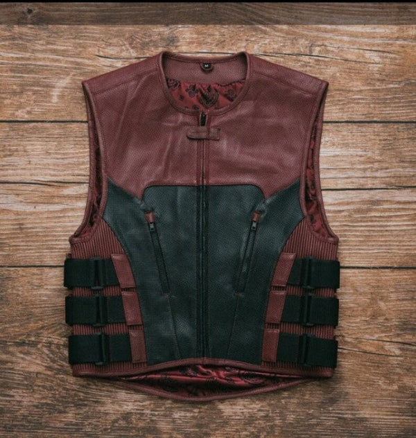 Leather Vest Mens Hunt Club Diamond Quilted Black & Maroon Leather Build Denim Style Rider Motorcycle Leather Vest Mens Vest - LEATHER CHAPTER