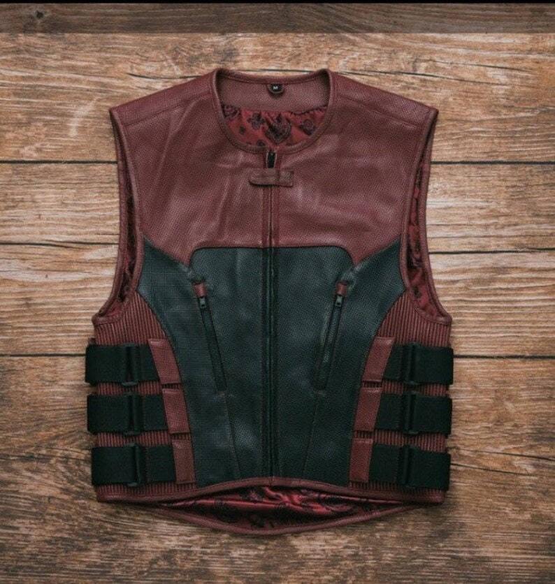 Leather Vest Mens Hunt Club Diamond Quilted Black & Maroon Leather Build Denim Style Rider Motorcycle Leather Vest Mens Vest - LEATHER CHAPTER