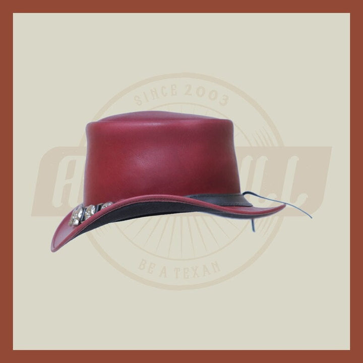 Brownish Purple Leather Skull & Skulls D Band Steampunk Top Hat Motorcycle Rider Biker - LEATHER CHAPTER