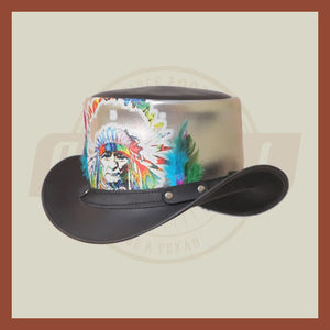 Red Indian Western Native American Black Silver Multicolor Leather Top Hat - LEATHER CHAPTER