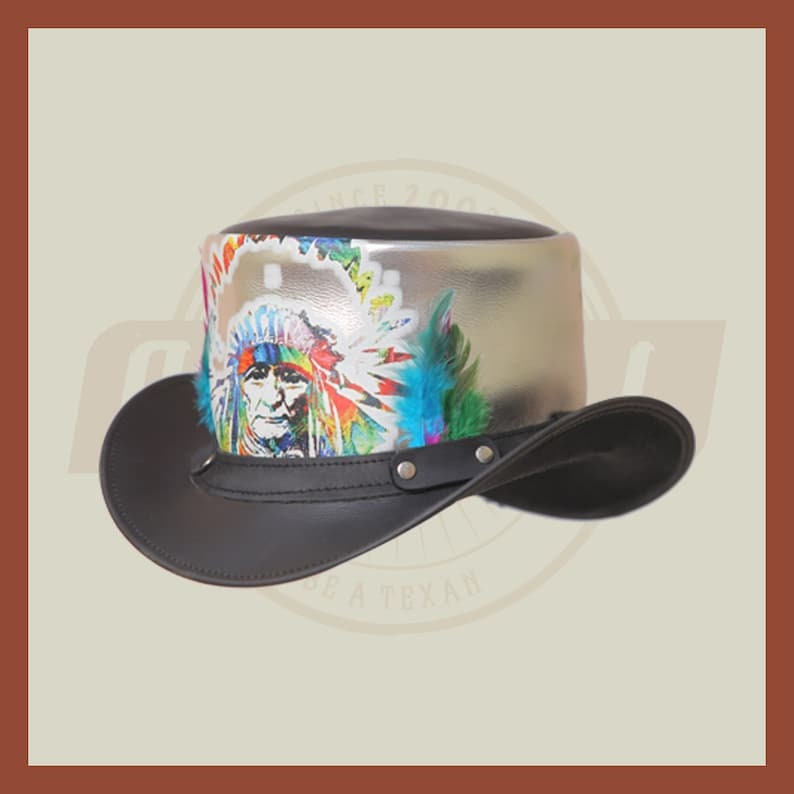 Red Indian Western Native American Black Silver Multicolor Leather Top Hat - LEATHER CHAPTER