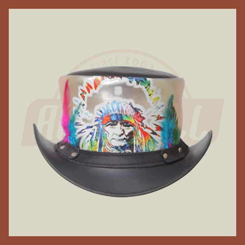Red Indian Western Native American Black Silver Multicolor Leather Top Hat - LEATHER CHAPTER