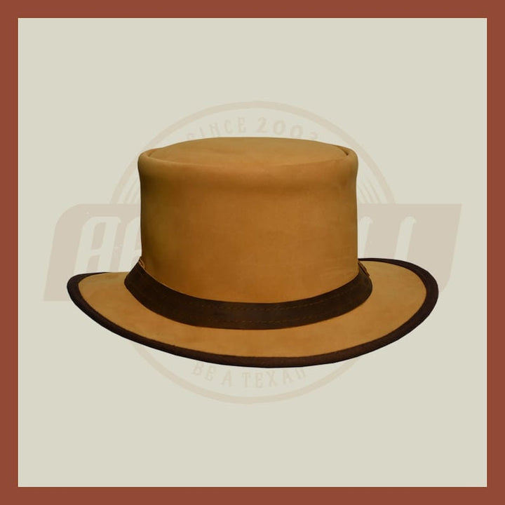 Men’s Leather Steampunk Plain Brown Strap Motorcycle Club Biker Top Hat - LEATHER CHAPTER