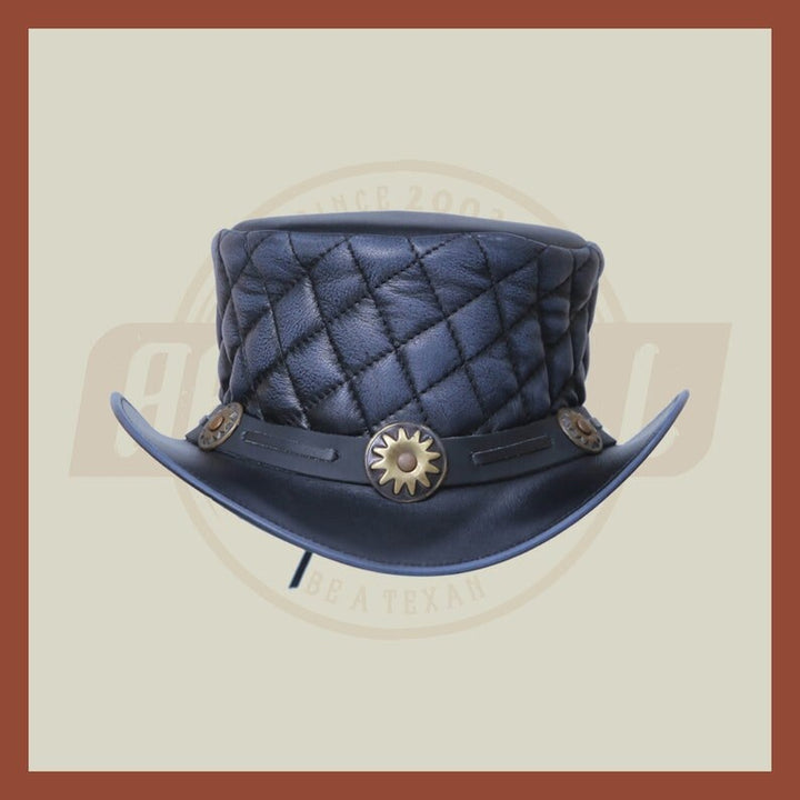 Grey Wax Quilted Vintage Style Band Lases Steampunk Top Hat Motorcycle Rider - LEATHER CHAPTER