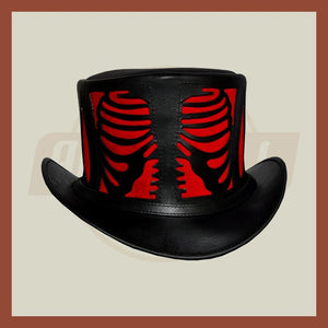 Skeleton Red Ribs Style Steampunk Black Leather Top Hat Old Style Biker - LEATHER CHAPTER