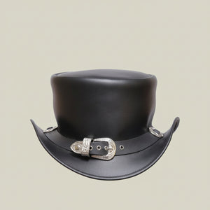 Western Cowboy Buckle Band Style Steampunk Leather Top Hat Motorcycle Rider - LEATHER CHAPTER